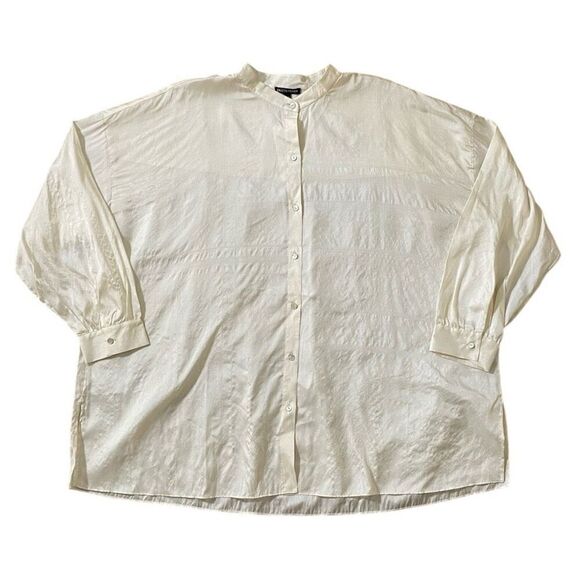Eileen Fisher 100% Silk Cream Mandarin Collar Button Up Top NWT Size Extra Large - Picture 1 of 5